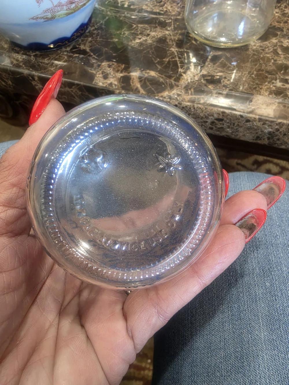 Source Unknown Clear Glass Votive Set with Blue Fan Pattern